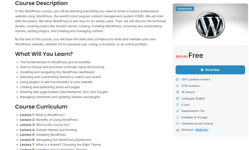 WordPress Course Description