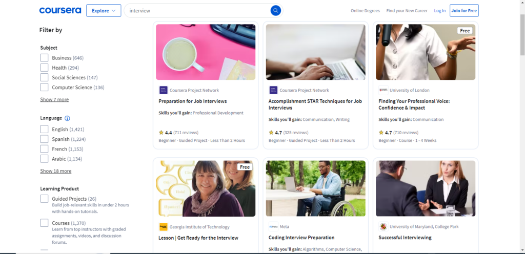Coursera free  Interview preparation courses
